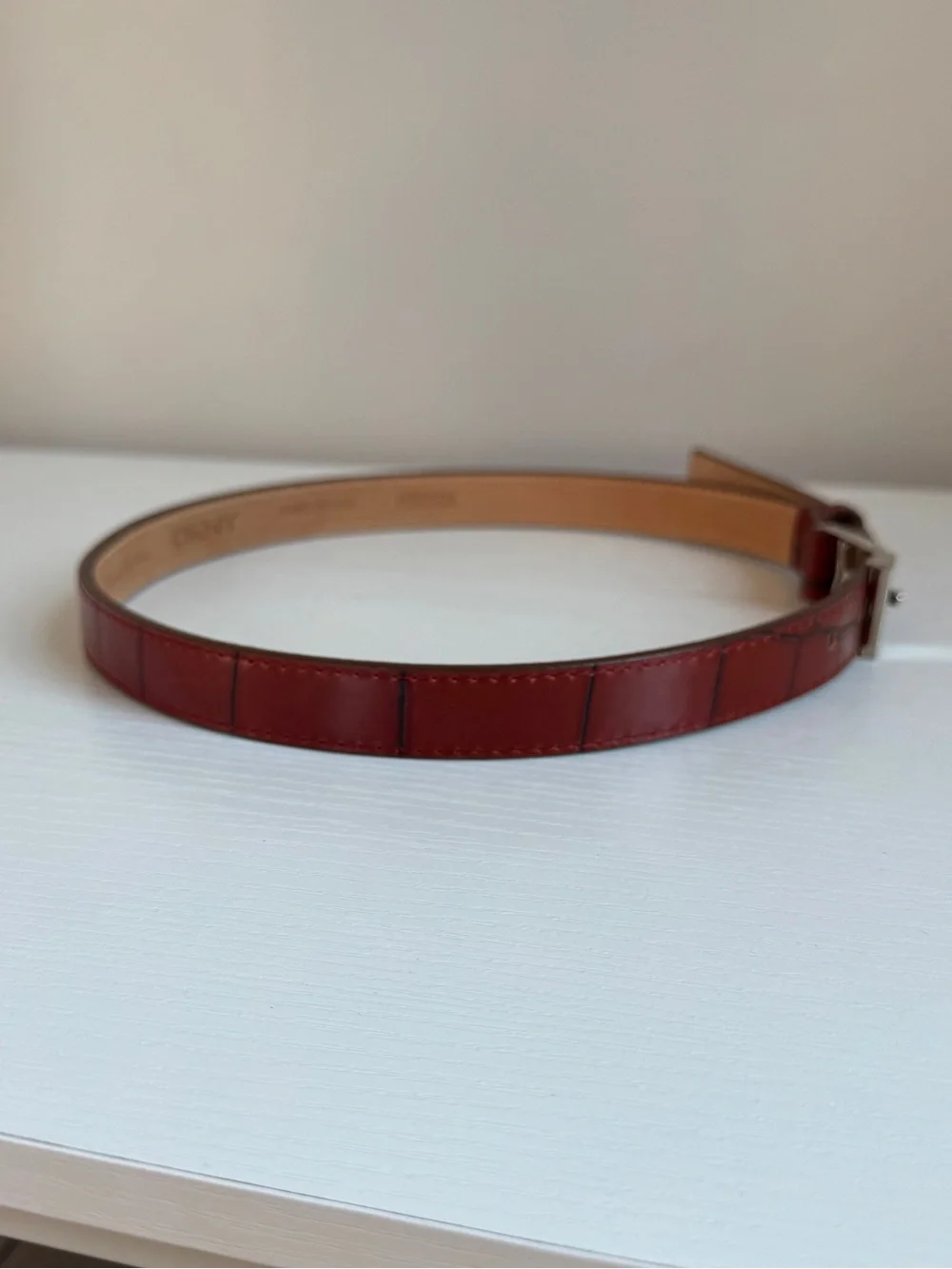 Vintage DKNY Embossed Red Calf Leather Belt Silver Buckle USA Ladies Small